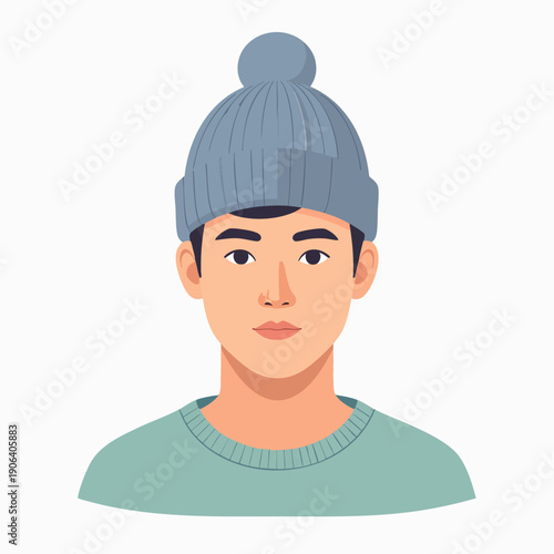 A young man wearing a blue beanie and green sweater is depicted in a simple illustration from a frontal viewpoint