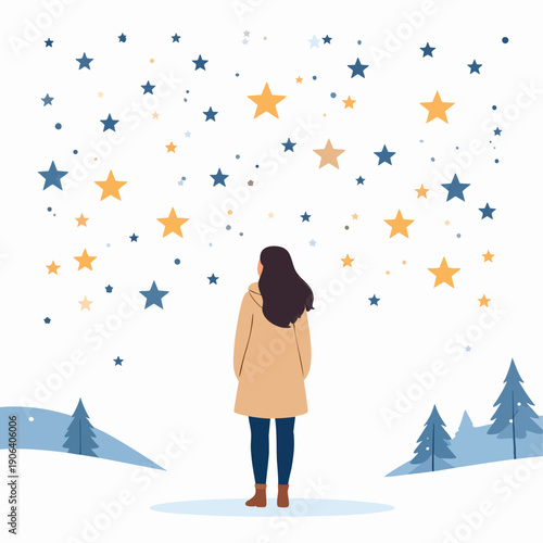 A woman standing alone in a snowy landscape, gazing up at a vibrant display of colorful stars on a clear night sky from a rear viewpoint