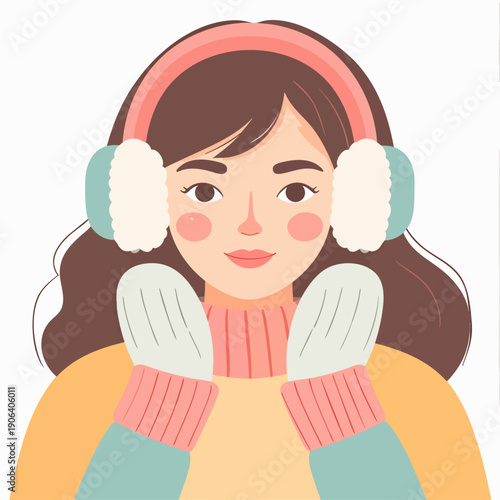 A smiling young woman wearing winter clothing and earmuffs on a cold day in a snowy landscape from a frontal viewpoint