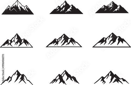 silhouette collection Black mountain silhouette icon set featuring snowy peaks and alpine landscapes in minimal vector style for logo, outdoor, adventure, and nature design