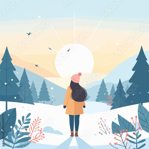 A lone traveler stands in a serene snowy landscape surrounded by trees, mountains, and a bright full moon shining overhead