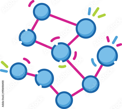 Vector art of a network of blue circles connected by purple lines with colorful sparkles around