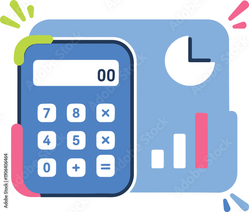 Vector art of a blue calculator and clock with colorful shapes