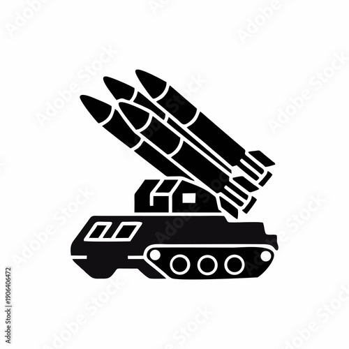 Military missile launcher tank icon, surface-to-air defense system silhouette