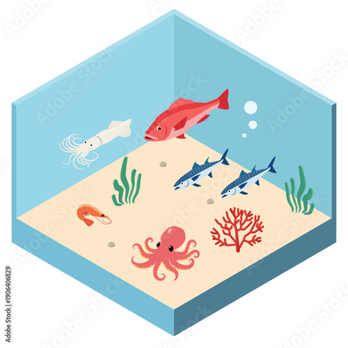 海の中の生き物のアイソメトリックイラスト