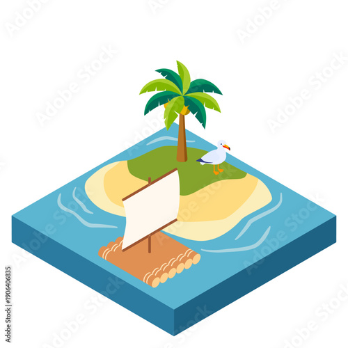 無人島といかだのアイソメトリックイラスト