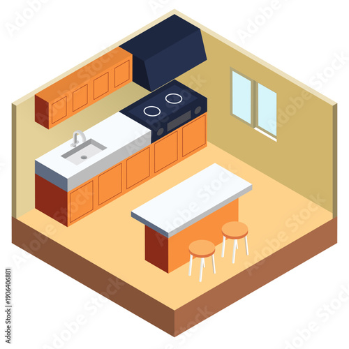 アイランドキッチンのあるキッチン空間のアイソメトリックイラスト