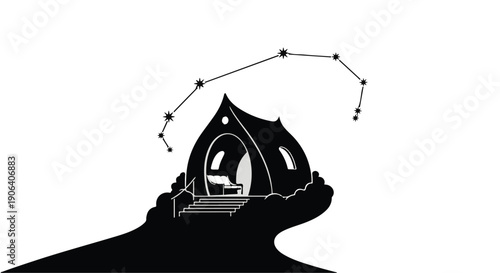 Whimsical silhouette of a cozy house under a starry constellation