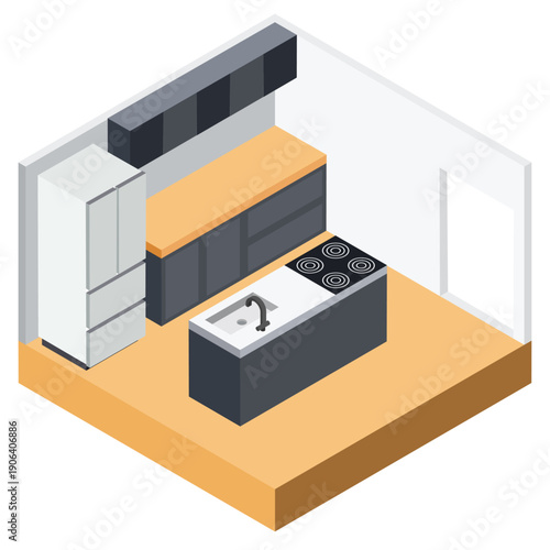モダンなアイランドキッチンのあるキッチン空間のアイソメトリックイラスト