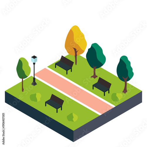 ランニングコースとベンチがある公園のアイソメトリックイラスト