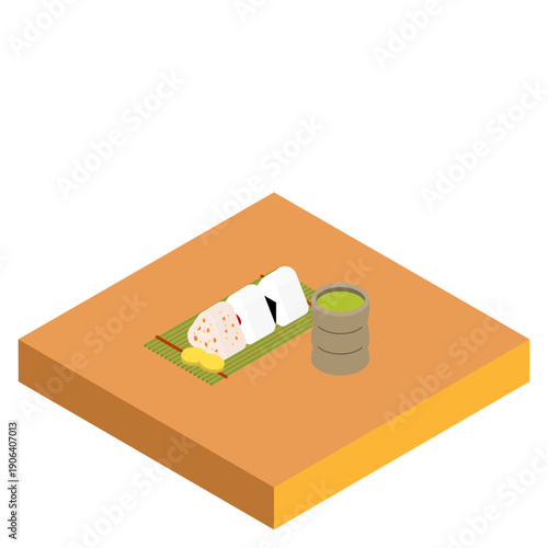 ３種類のおにぎりとお茶のアイソメトリックイラスト