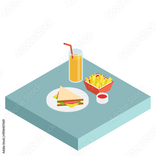 サンドイッチとポテトとドリンクのアイソメトリックイラスト