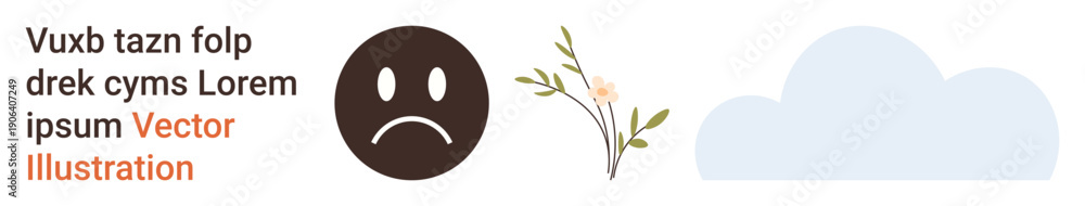 Fototapeta premium Emotional wellness, sadness, mental health, emotional support, minimalism, graphic design. Sad face emoticon next to a floral branch and cloud. Emotional wellness and sadness