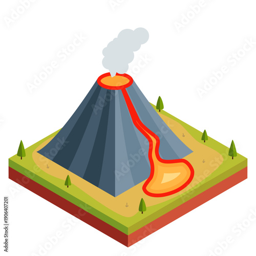 マグマが流れ出ている火山のアイソメトリックイラスト