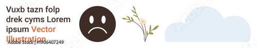 Emotional wellness, sadness, mental health, emotional support, minimalism, graphic design. Sad face emoticon next to a floral branch and cloud. Emotional wellness and sadness