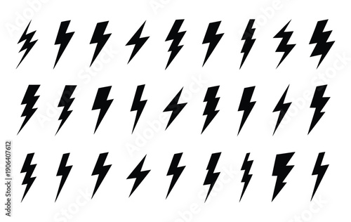 Lightning bolt icon, flash symbol, thunderbolt, and blitz lightning strike sign, vector isolated black silhouettes representing electric energy