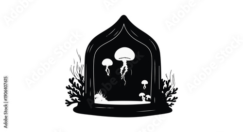 Enchanting underwater world with jellyfish contained within a decorative glass dome.