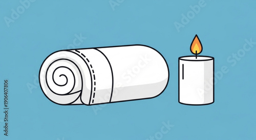 Rolled up white towel next to a lit candle on blue background for relaxation and calmness