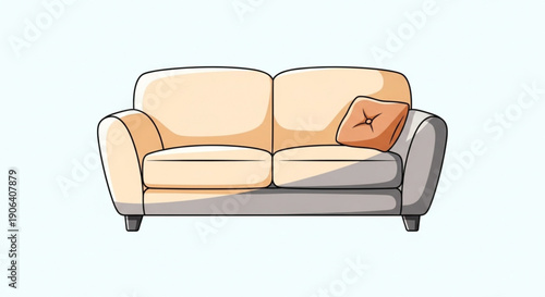 Beige couch with gray base and orange pillow on light blue background modern living room furniture