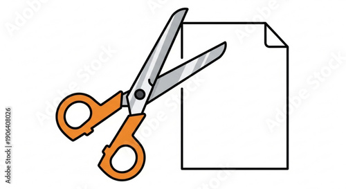 Orange handled scissors cutting corner of blank white paper on white background simple illustration office supply craft tool paper trimming editing symbol