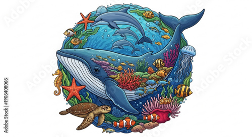 Vibrant ocean creatures surround a globe with whales dolphins and coral reef symbolizing marine life and conservation