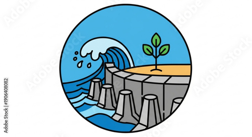 Wave crashes against coastal barrier with small plant growing on sandy shore symbolizing resilience and environmental protection