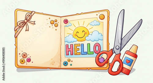 Colorful cartoon greeting card with scissors and glue on white background perfect for crafting and scrapbooking projects with bright cheerful design