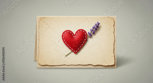 Vintage card with red stitched heart and lavender on gray background for love and valentine's day concepts