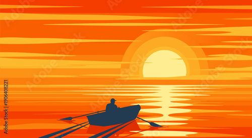 Serene Sunset Rowboat Illustration Vector Art A Calm and Peaceful Ocean Voyage Under a Vibrant Orange Sky
