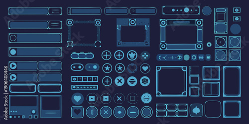 Collection of blue user interface elements and digital design assets
