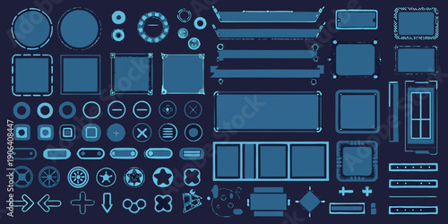 A collection of blue pixel art interface elements and shapes