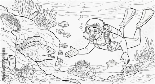 Coloring book for kids - A scuba diver amiably holds out his hand to a timid moray eel peeking out of a crevice in the reef