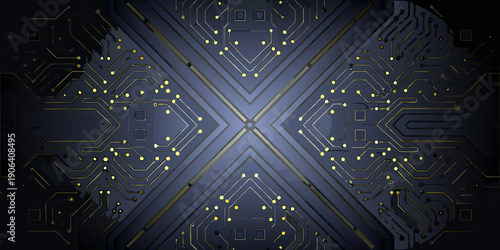 Abstract circuit board pattern with glowing golden lines on a dark background