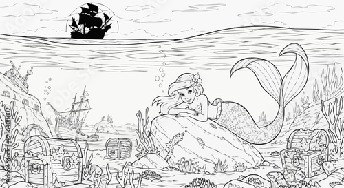Coloring book for kids - A mermaid guards her treasures next to a sunken ship, a magical underwater scene