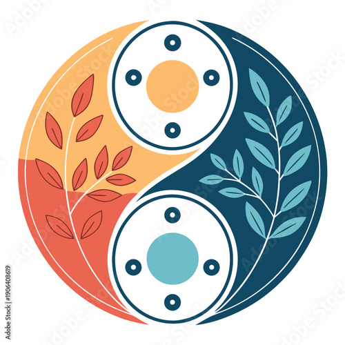 Yin Yang symbol representing harmony and balance with leaves and circles in a circular illustration