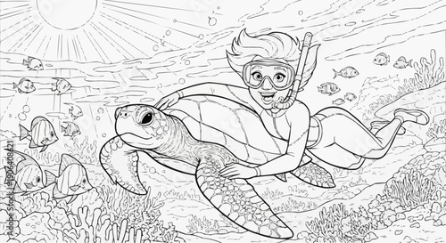 Coloring book for kids - A girl swims with a sea turtle and colored fish in a bright coral reef, a joyful adventure