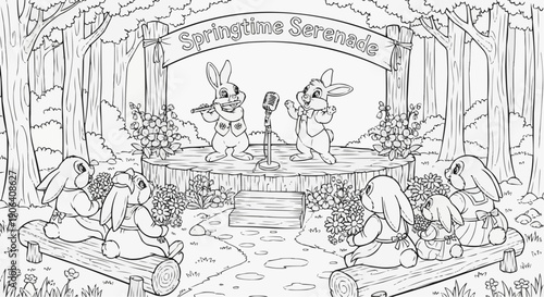 Bunnies performing a springtime serenade in a forest clearing, joyful musical scene