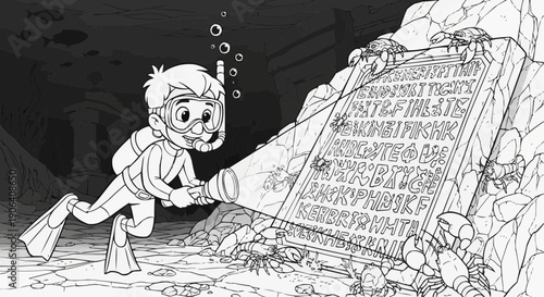 Coloring Book for Kids - A boy explores underwater ruins with a flashlight, discovering ancient inscriptions