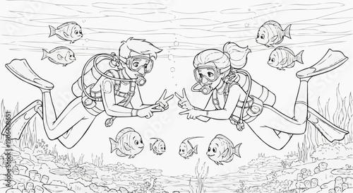 Coloring book for kids - A pair of divers communicate using gestures underwater, surrounded by colored fish