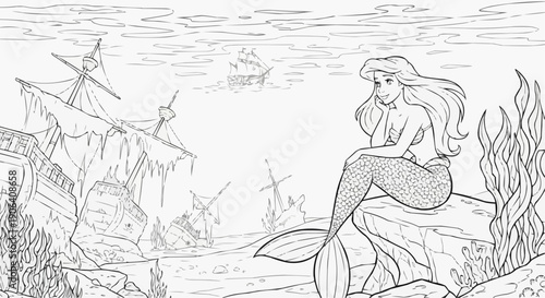 Coloring book for kids - A mermaid sits on a rock, dreaming underwater, with sunken ships in the background
