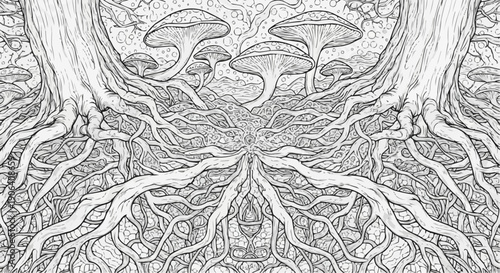 Coloring book for kids - Intertwined tree roots and glowing mushroom hyphae exchange nutrients