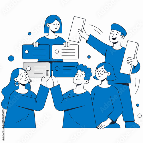 Group of people collaborating and exchanging documents in a teamwork setting from a straightforward viewpoint