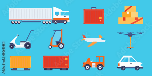 Various modes of transportation and delivery icons on a blue background