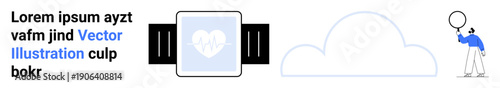 Smartwatch displays heart symbol on screen, cloud icon in background with person holding magnifying glass. Ideal for health, wearables, fitness, technology, data, analysis, simple landing page