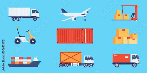 Various modes of transportation and logistics elements in a flat design