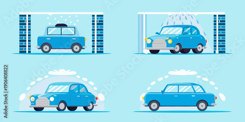 A blue car progressing through the stages of an automated car wash