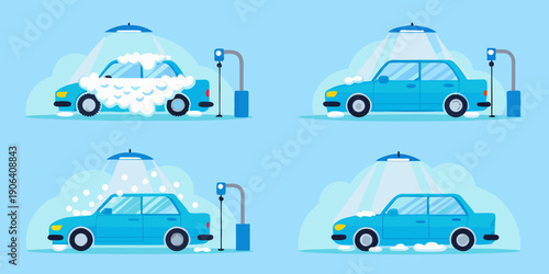 A blue car progresses through different stages of an automated car wash