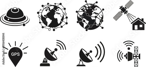 Black icons of satellite communication and gps technology