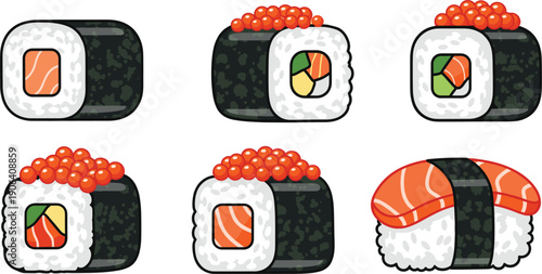 Sushi Roll Collection Set with Salmon and Caviar Isolated on White Background Flat Vector Illustration
