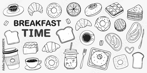 A collection of hand drawn breakfast foods and beverages in black and white
